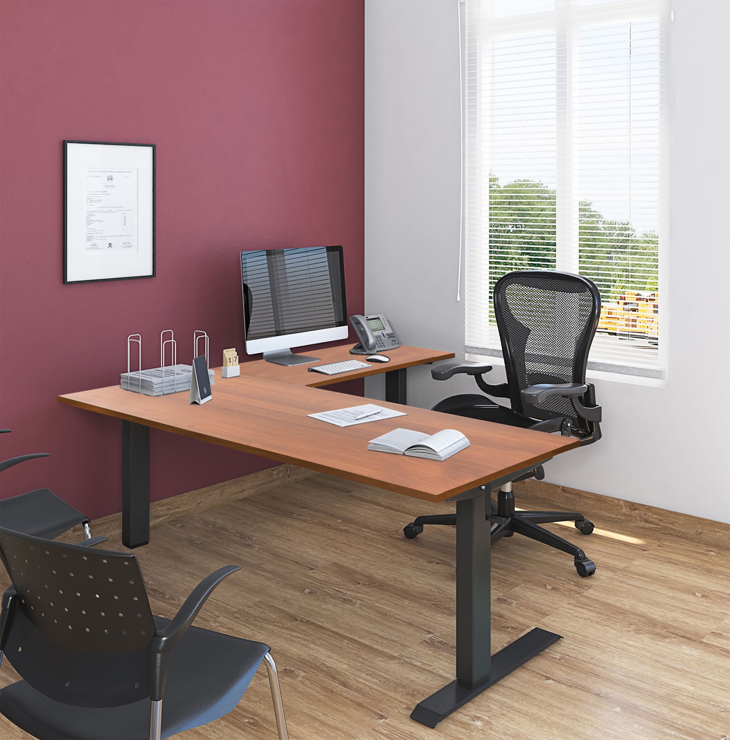 Stand Up Desk Store Crank Adjustable Height L-Shaped Standing Desk with Steel Frame (Black Frame/Teak Top, 72" Wide)
