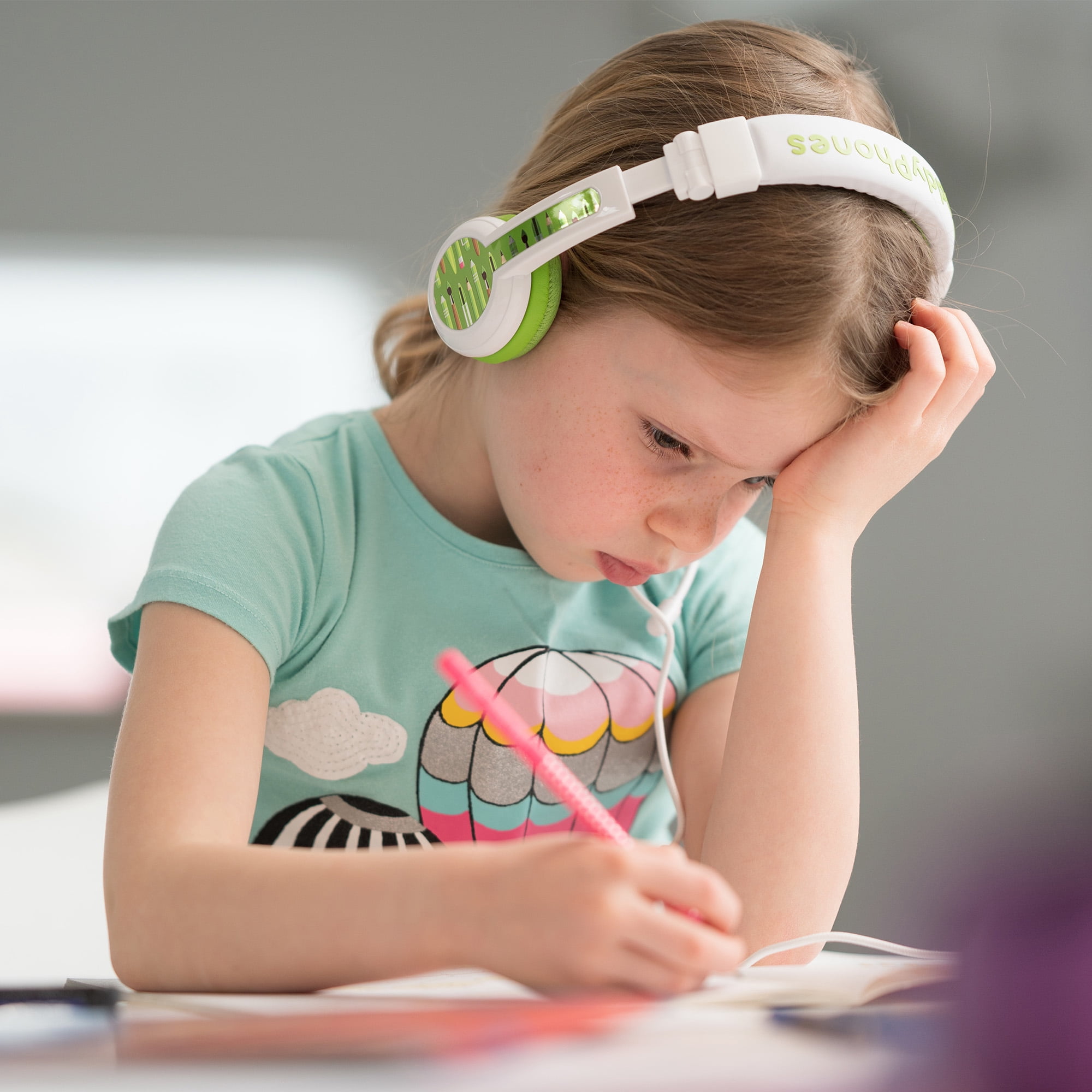 BuddyPhones School+, On-Ear Wired 85dB Volume Limiting Educational Kids Headphones with Detachable Boom Mic, Foldable, Audio Sharing Jack, Customizable Stickers, Adjustable Headband Size, Green