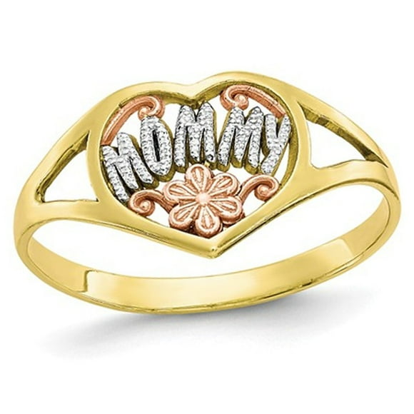 10K Yellow Gold Polished MOMMY Flower Heart Ring