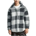 thumbnail image 2 of ZRGHAOYLQ Mens Plaid Print Button Front Fleece Jacket Fuzzy Long Sleeve Shirts Jackets Full Zip Up Outwear Big and Tall Oversized Coats with Hood, 2 of 6