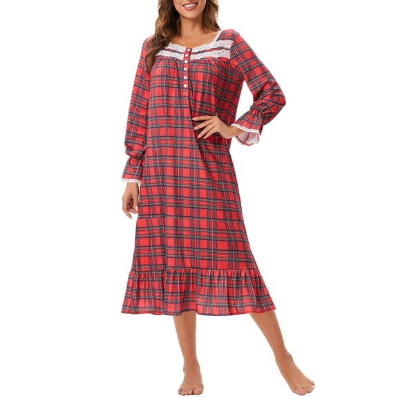 Fazvaoo Women's Nightgowns 50%Cotton Long Sleeve Button Front Long Sleepwear Fashion Casual Comfortable Breathable Lace Plaid Nightgowns(Red,Size S-XXL)