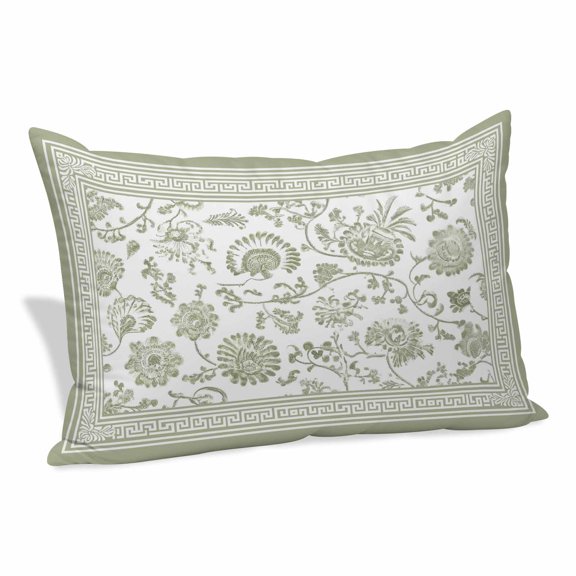 Sage Green Flowers Throw Pillow Covers, Floral Geometric Classic Traditional Border Decorative Lumbar Throw Pillowcase Cushion Cover with Smooth Hidden Zipper for Bedroom Sofa 12 x 20 Inches