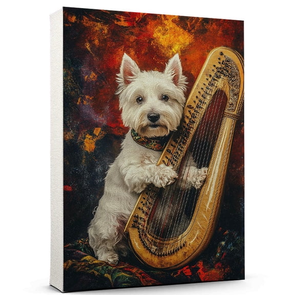 West Highland White Terrier Dog Stretched Canvas Size 8x12 Harp Canvas – Cute West Highland White Terrier Canvas Wall Art of Puppy Playing Harp, Perfect for Dog and Music Fans