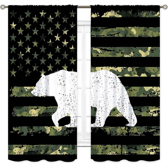 Rustic Deer Kitchen Curtains, Camo Forest Hunting Deer Elk Moose USA American Flag Camouflage Woodland Farmhouse Rural Hunter Small Short Window Drapes for Bedroom Living Room 2 Panels, 40x28 Inch