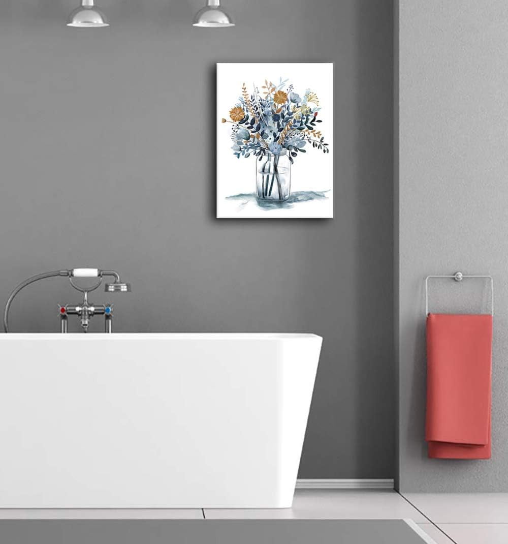 Navy Blue Flowers Canvas Wall Art Bedroom Wall Decor Minimalistic Bouquet Canvas Pictures Blossom Watercolor Artwork for Living Room Bathroom Home Office Decoration Indigo Floral Canvas 12 x 16