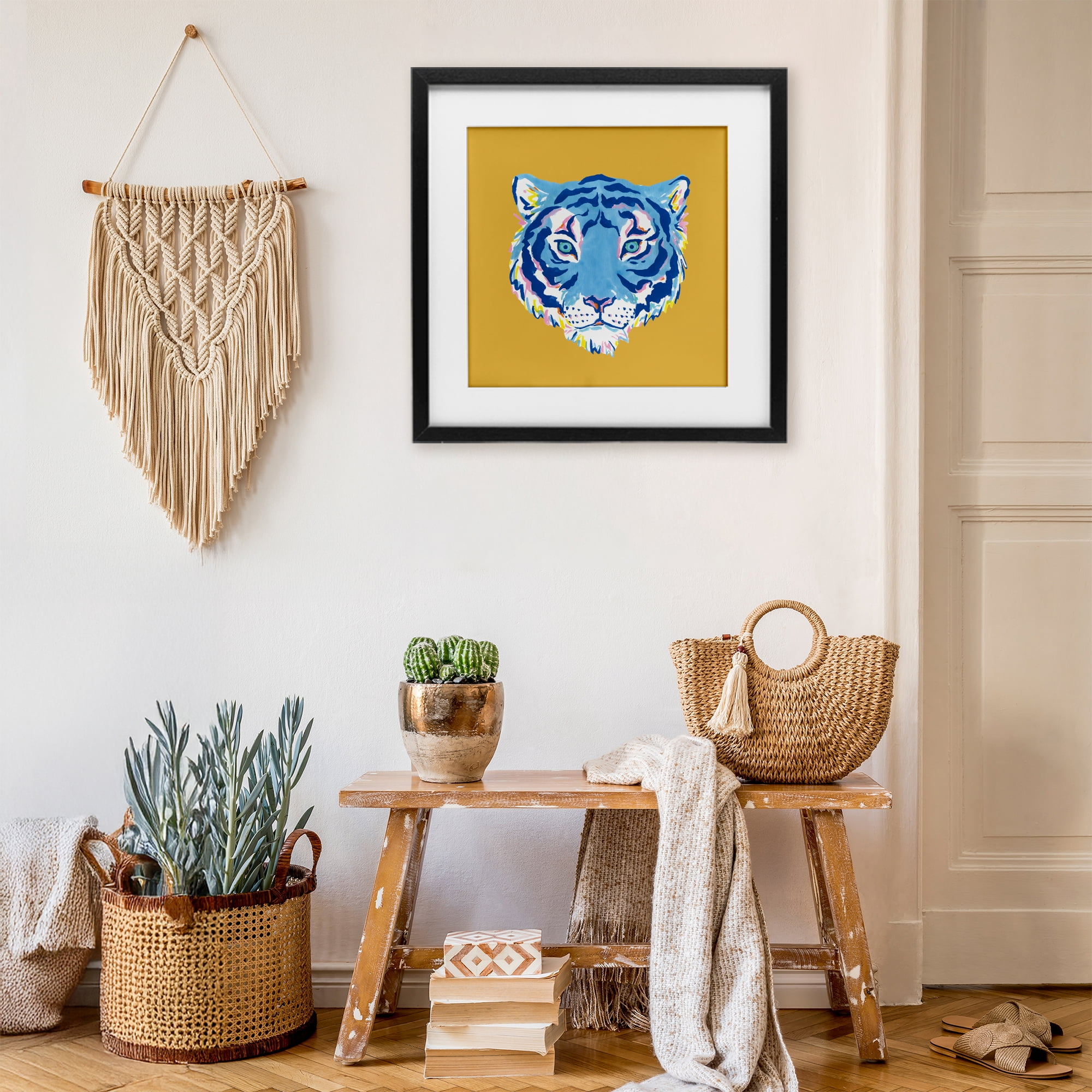 Stupell Industries Blue Tiger over Yellow Black Framed Print Under Glass, design by Karolina Sato