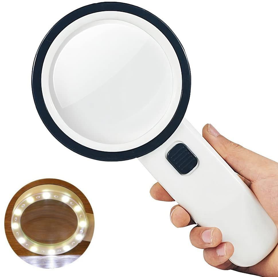 30X Handheld Large Magnifying Glass 12 LED Illuminated Lighted Magnifier for Macular Degeneration Exploring Inspection Magnifying Glass with Light Jewelry Soldering Seniors Reading Coins