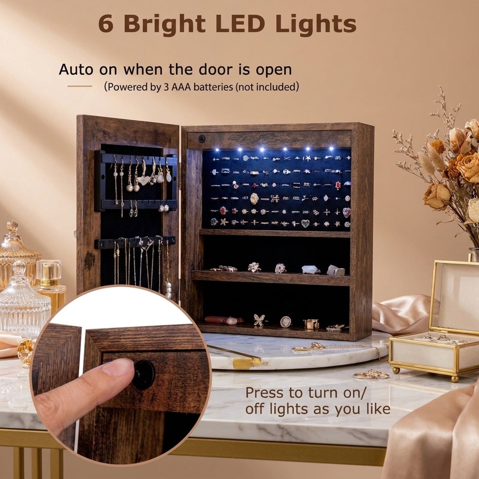 Furnibear Free Standing Full Length Jewelry Armoire with Lights for Bedroom Dressing Room Jewelry Necklace Rings Storage Mirror, Rustic Brown