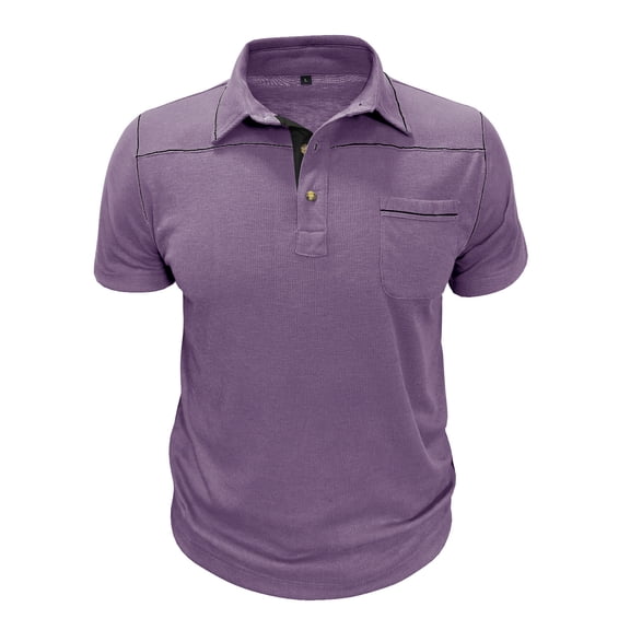 YLSDY Men's Short Sleeve Lapel Neck T-Shirt Contrast Stitching Design Casual Soft Top Golf Tee Shirts with Chest Pocket Purple L