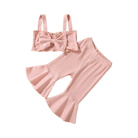 

Amuver Baby Girl’s Vest and Trousers Set Fashion Solid Color Pitted Bow Camisole and Flared Pants
