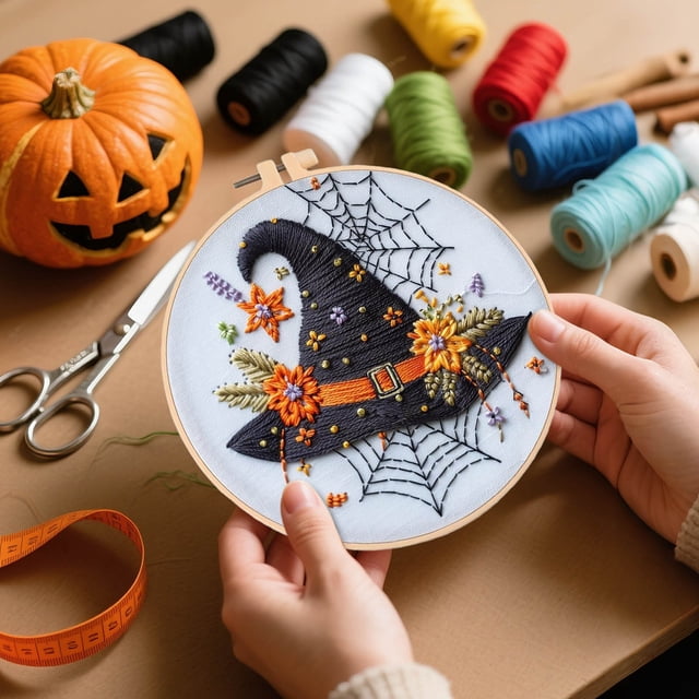 Halloween Embroidery Kit DIY Needlepoint Craft For Beginners Adults Gothic Stamped Handmade Art Supplies Sewing Project Circular Knitting Needles Interchangeable Circular Knitting Needles Size 8