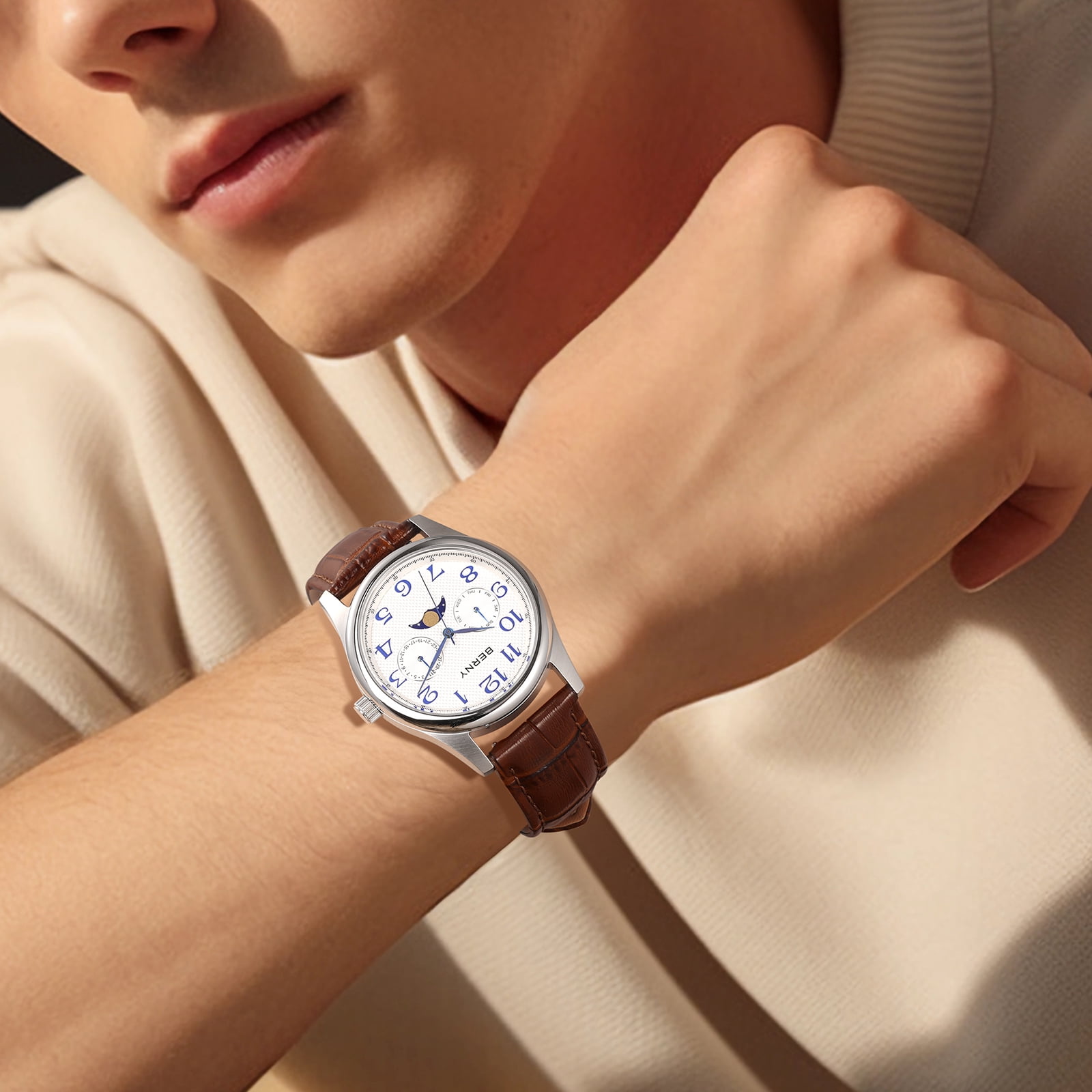 BERNY Dress Watches for Men, MultiFunction Leather Watch with Moon Phase, Day & Date Calendar, Stainless Steel Case, Easy to Read, Waterproof, Classic Analog Quartz Wrist Watch (White)