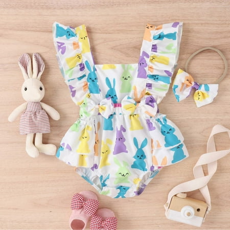 

lizhenling Easter Decor Toddler Girls Easter Sleeveless Cartoon Rabbit Prints Cute Romper Bodysuit For Babys Clothes With Headbands Easter Gifts Sky Blue 70