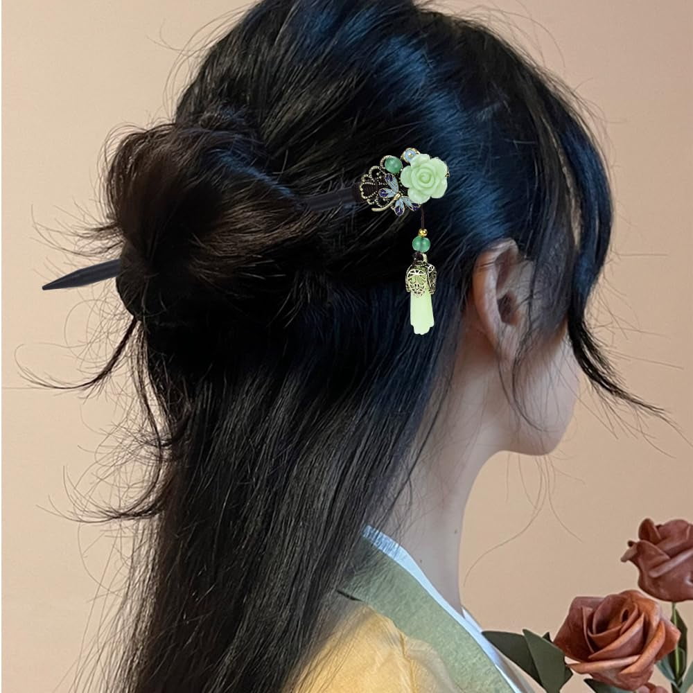 8pcs Wooden Hair Sticks, Chinese Wood Hair Pins with Tassel Pendants, Crystal Beads Flower Long Hair Chopstick Picks With Charm for Twist Bun Holder Fork Hair Slides Hair Accessories for Women