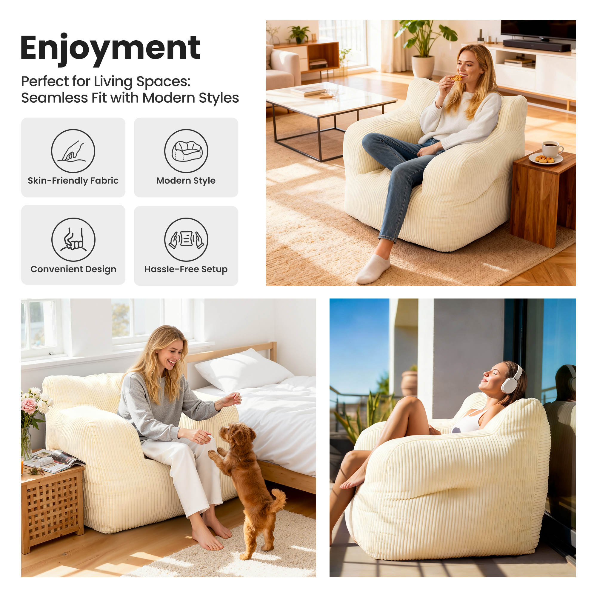 Foam Filled Bean Bag Chair, Plush Corduroy Lazy Sofa