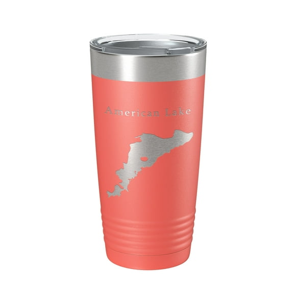 American Lake Map Tumbler Travel Mug Insulated Laser Engraved Coffee Cup Washington 20 oz Coral
