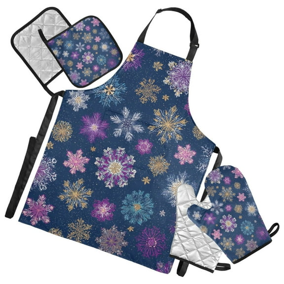 Multicolor Snowflakes Christmas Apron Set with Oven Mitts Pot Holders Set of 5 Kitchen Stuff Accessories