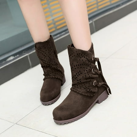 

YOTAMI Shoes for Women Women s Winter Suede Cut Out Ankle Boots With Chunky Heels and Low Drum In Solid Color Brown