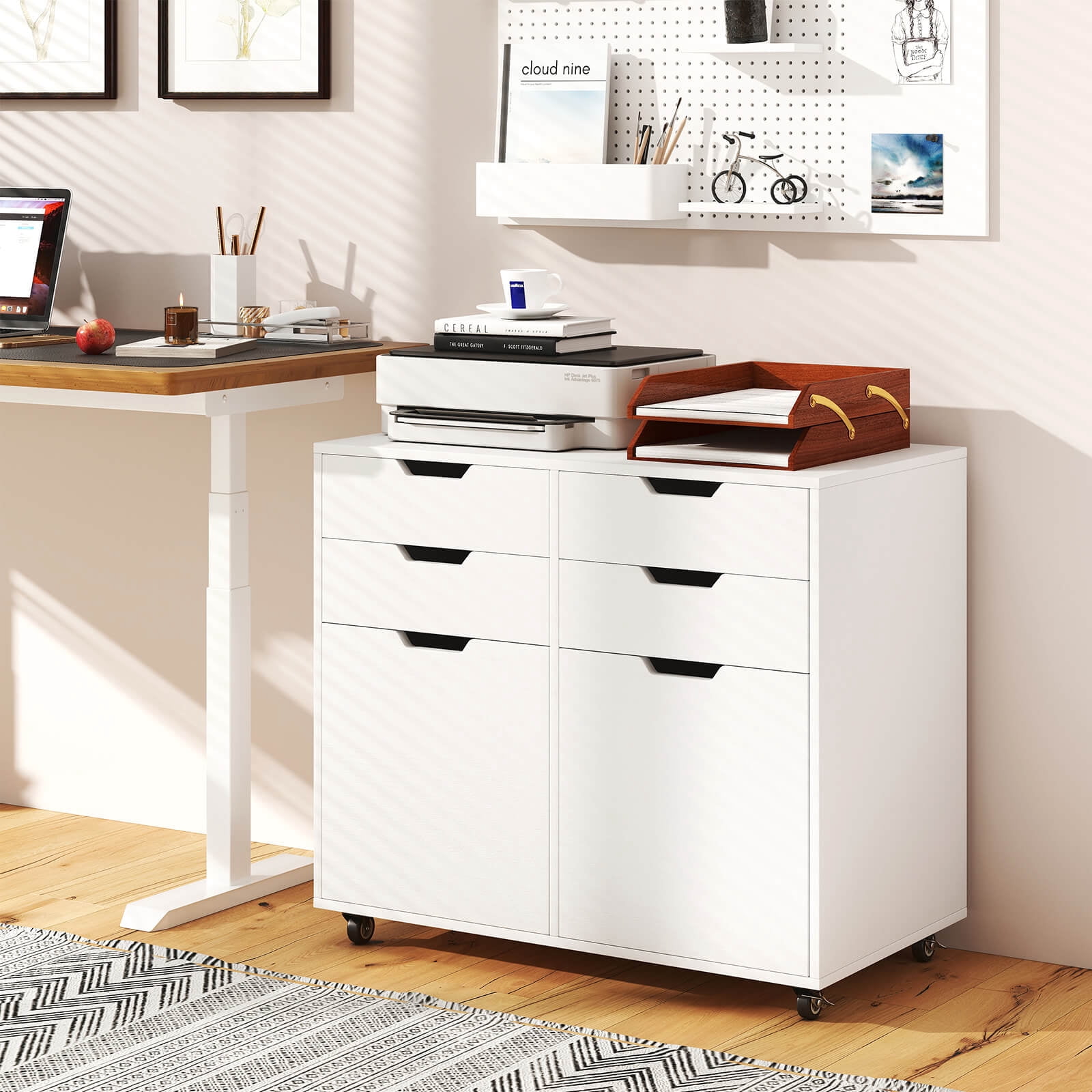 Costway 4 Drawer File Cabinet Rolling Printer Stand with Wheels Wooden Chest of Drawers