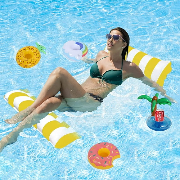 Inflatable Pool Floats with 4Pcs Inflatable Drink Holders, Portable Water Pool Hammock Drifter Saddle Lounger Chair Drink Floats Inflatable Cup for Adults/ Kids Multi-Purpose Pool Toys