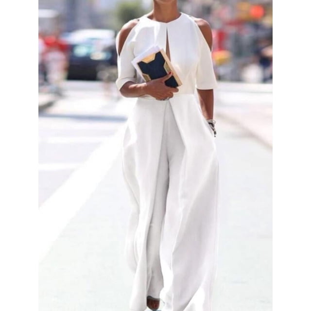 Prix Réduit, Combinaison Sans Bretelles, Couleur Unie, Poche, Manches Courtes, Coupe Ample, Jambe Droite, Décontractée, Bureau/voyage, Confortable, Polyvalente, Polyester 100 %, Blanc