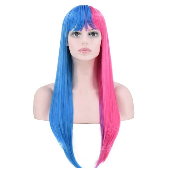 SUCS Brazilian Virgin Hair Full Lace Cap Band Human Hair Wigs For Black Women Fashion Sexy Wig Half Blue & Half Pink Synthe