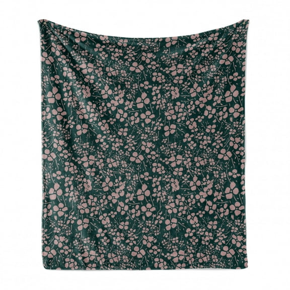 Floral Soft Flannel Fleece Throw Blanket, Bicolor Spring Themed Pattern with Meadow Flowers Abstract Design, Cozy Plush for Indoor and Outdoor Use, 60" x 80", Hunter Green Grey Pink, by Ambesonne