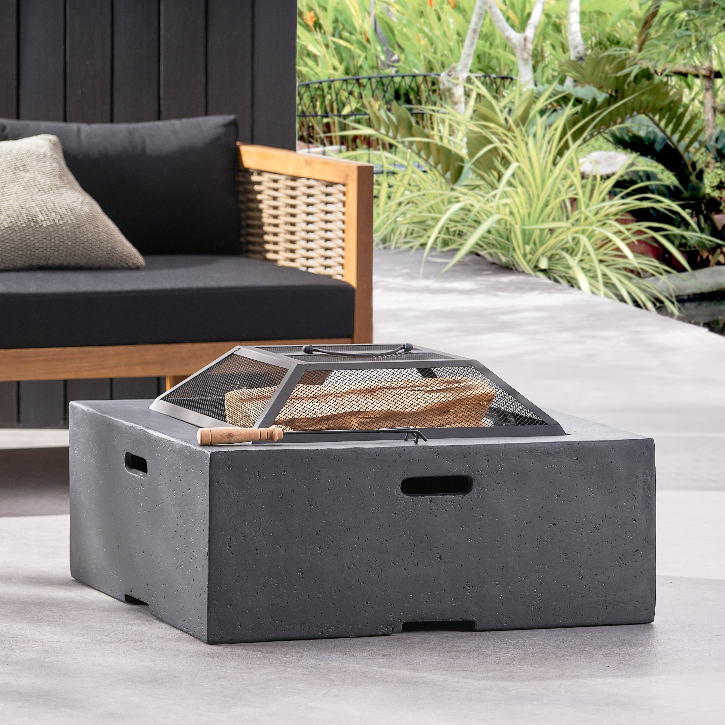 Mintazer 29" Square Wood‑Burning Fire Pit, MGO Outdoor Fire Pit with Spark Screen for Patio Backyard, Black