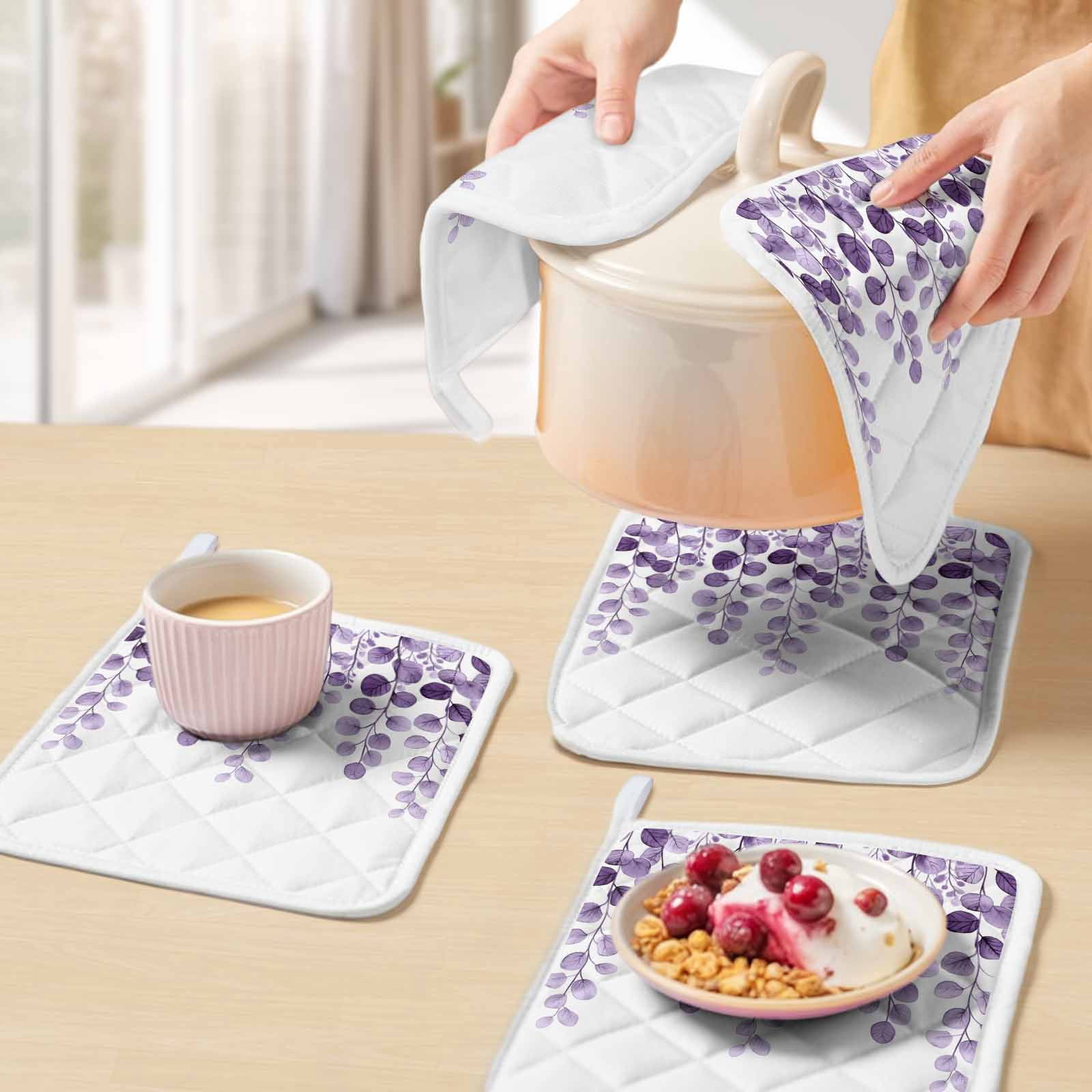 Purple Eucalyptus Leaves Pot Holders for Kitchen Heatproof Potholder, 3 Pack Watercolor Floral Leaf Plants Hot Pads Multipurpose Oven Pads Cloth Potholders Trivet for Cooking Baking