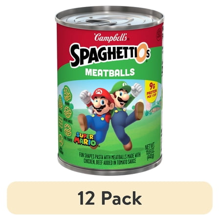 (12 pack) SpaghettiOs Super Mario Bros Canned Pasta with Meatballs, 15.6 oz Can