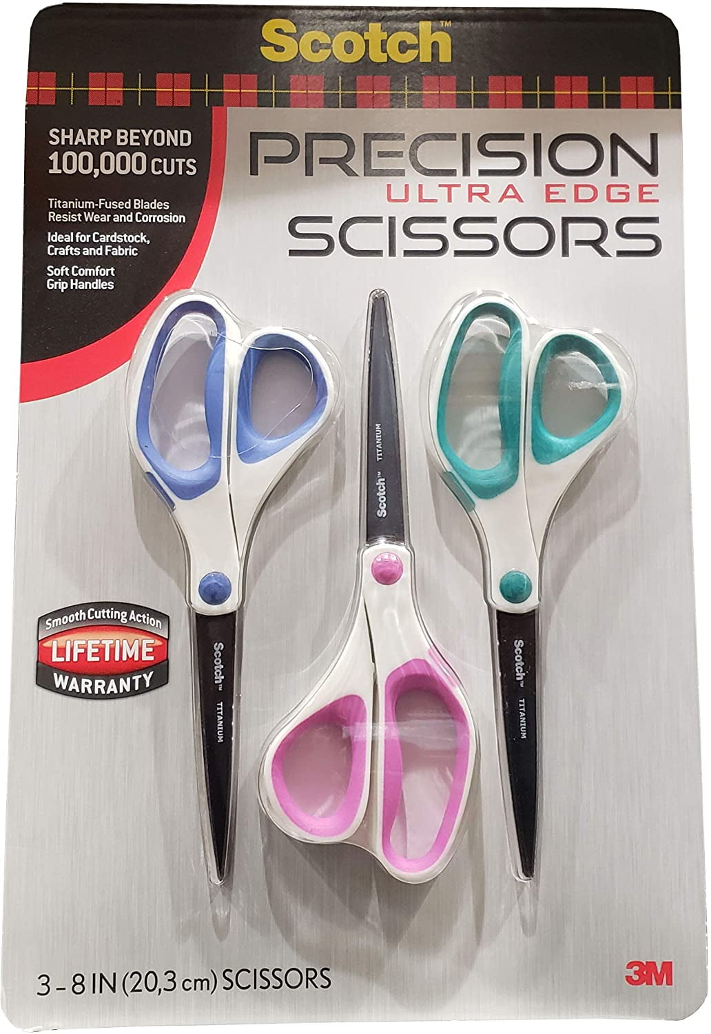 Scotch 8 Precision Ultra Edge Scissors, Assorted Colors, 3 ct