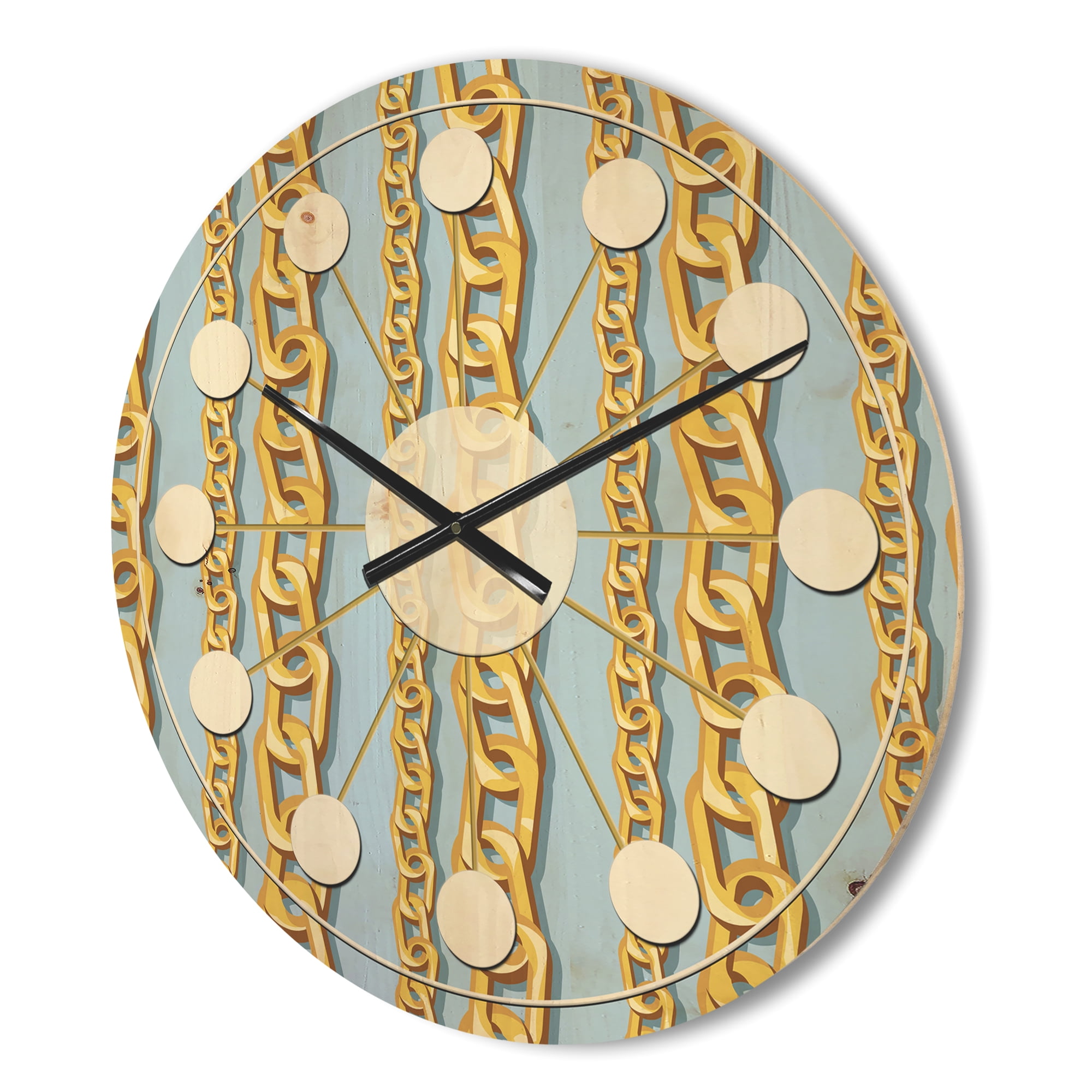 Designart 'Gold Chain Pattern on Blue' Mid-Century Modern Wood Wall Clock