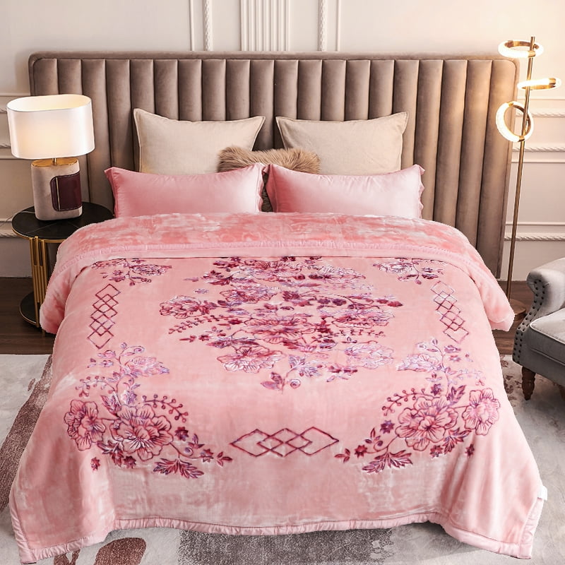 Heavy Thick Fleece Blanket King Size, 10.5lbs,2 Ply A & B Pattern Silky Soft Warm Reversible Raschel Winter Blanket, Minky Soft Plush Blanket for Sofa Bed, 87"x94", Pink Floral