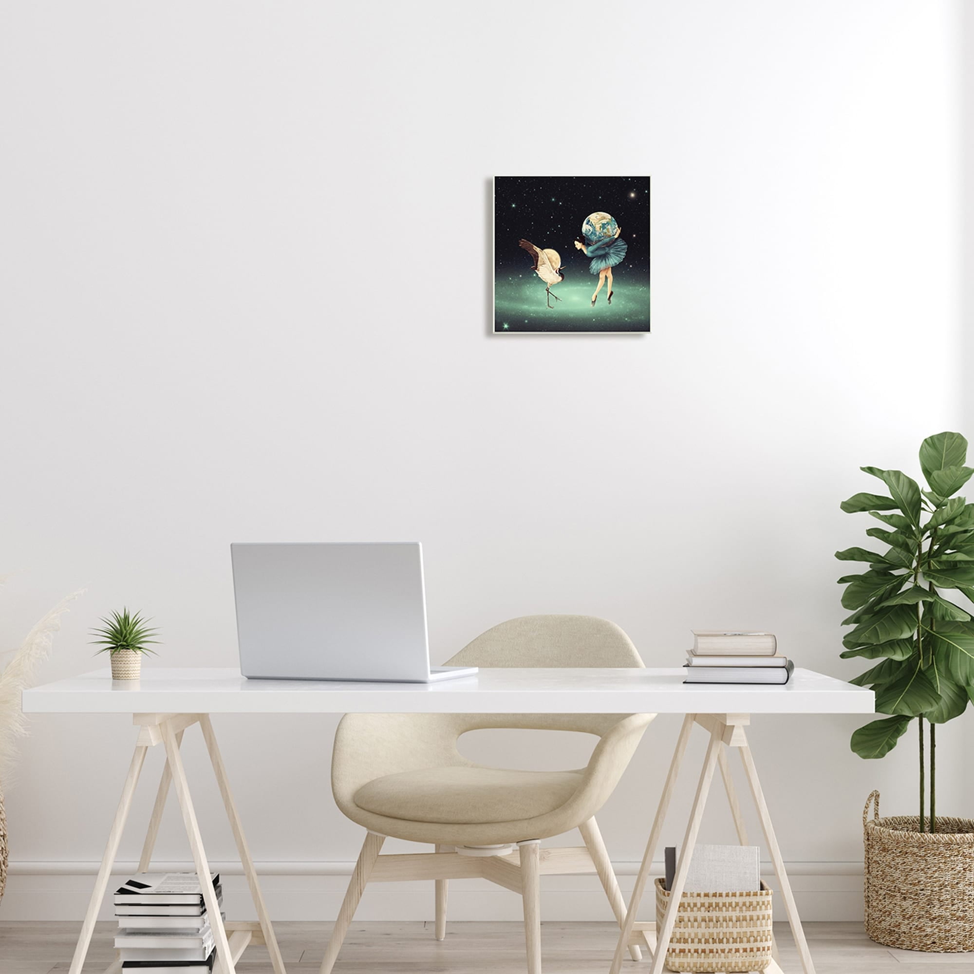 Stupell Industries Crane Bird Ballerina Holding Earth Moon Starry Nebula Wood Wall Art, 12 x 12, Design by Paula Belle Flores