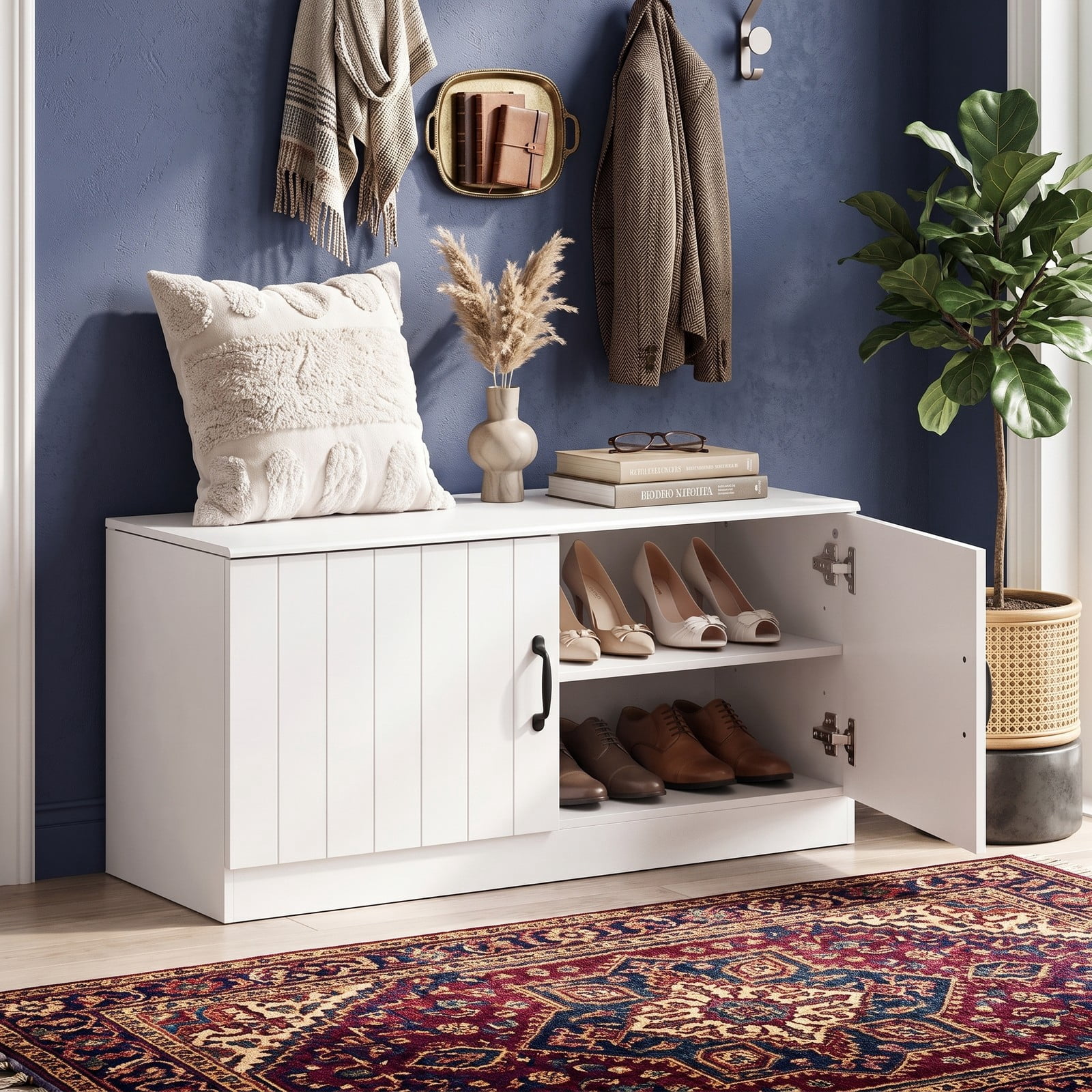 Furnibear 2-Door Shoe Bench Storage Cabinet with Adjustable Shelves and Wide Seat for Entryway Hallway and Bedroom, White