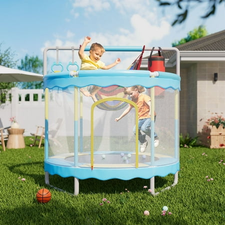 FAIZHI Trampoline for Kids 60   Adjustable Baby Toddler Trampoline with Basketball Hoop  5 FT Indoor & Outdoor Small Trampoline with Safety Enclosure  Birthday Gifts for Boy and Girl  440lbs  Green