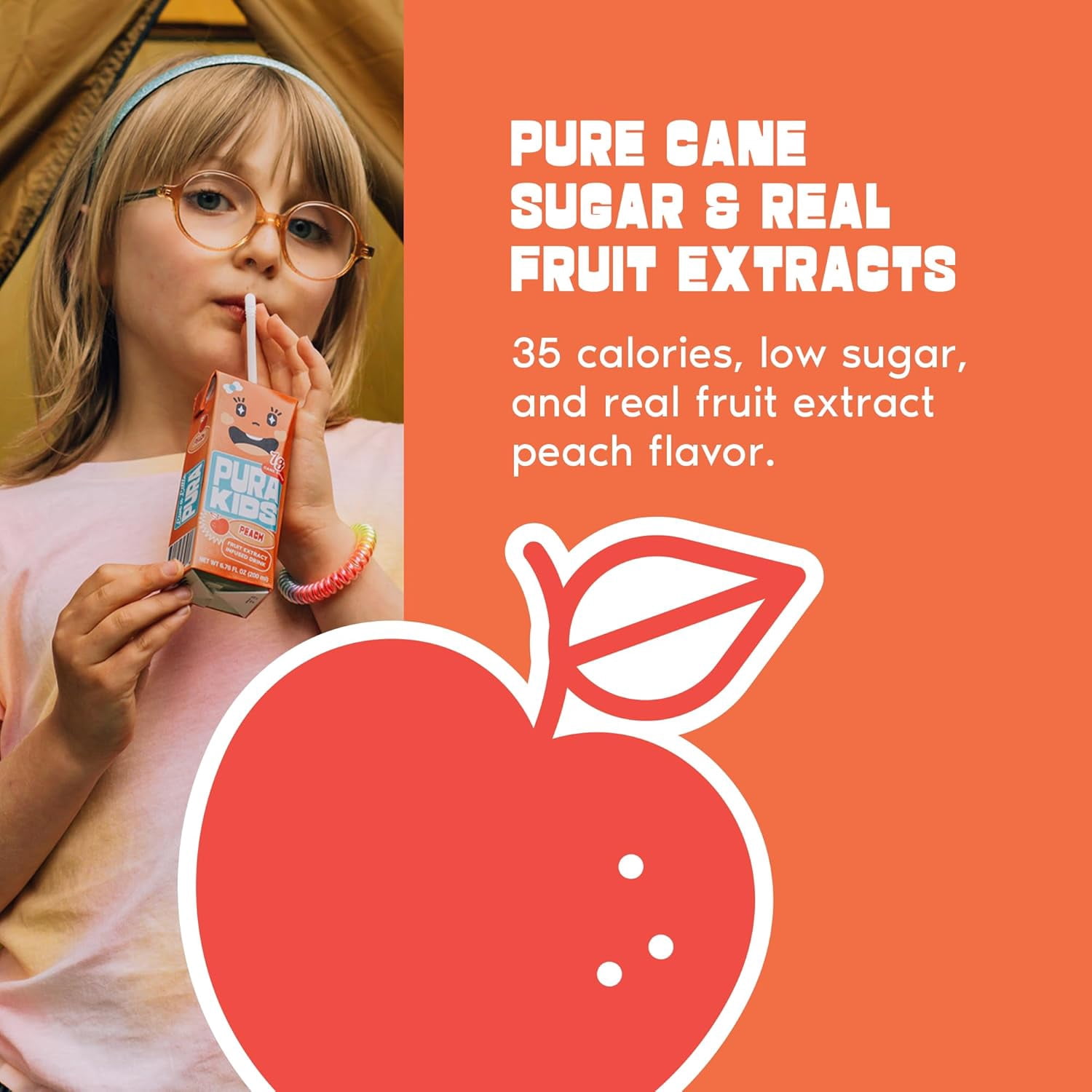 PURA Kids Box | Peach Fruit extract infused Drink for kids | 7g Pure Cane Sugar | Non-GMO | Vegan, No Artificial Sweeteners | Best Lunchbox Beverage with Paper Straw | 6.67 fl oz (200ml) Pack of 24
