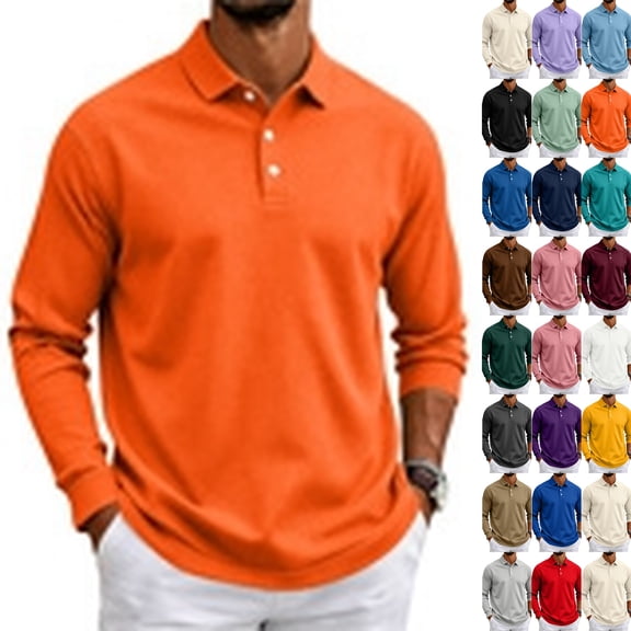 Long Sleeve Polo Shirts for Men Classic Button Golf Shirt Casual Collared Thermal Work Pullover Tops Saffron L