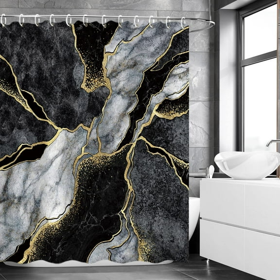 Black Shower Curtain, Marble Shower Curtain, Abstract Shower Curtain, Black Marble Shower Curtains Set with 12 Hooks, Black Bathroom Decor, 72" Wx72 H