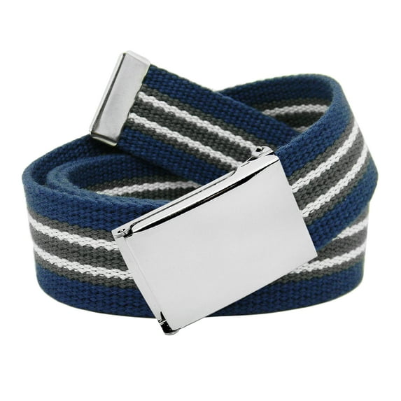 Boys School Uniform Silver Flip Top Military Belt Buckle with Canvas Web Belt Small Navy Gray White