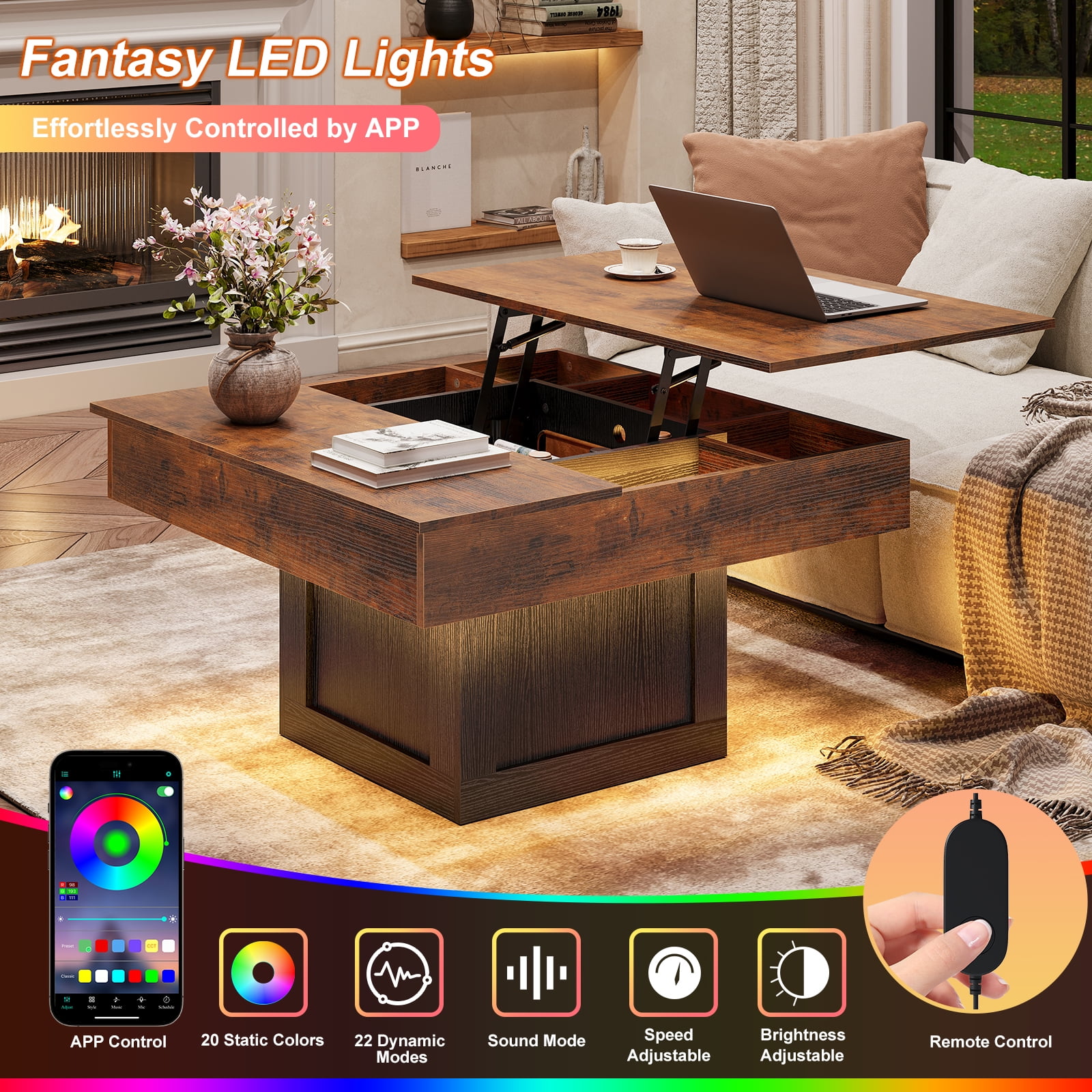 GUNAITO Lift Top Coffee Table with LED Lights, Modern Farmhouse Center Table with Storage, 31.5''Hx31.5''Wx19''D, Brown