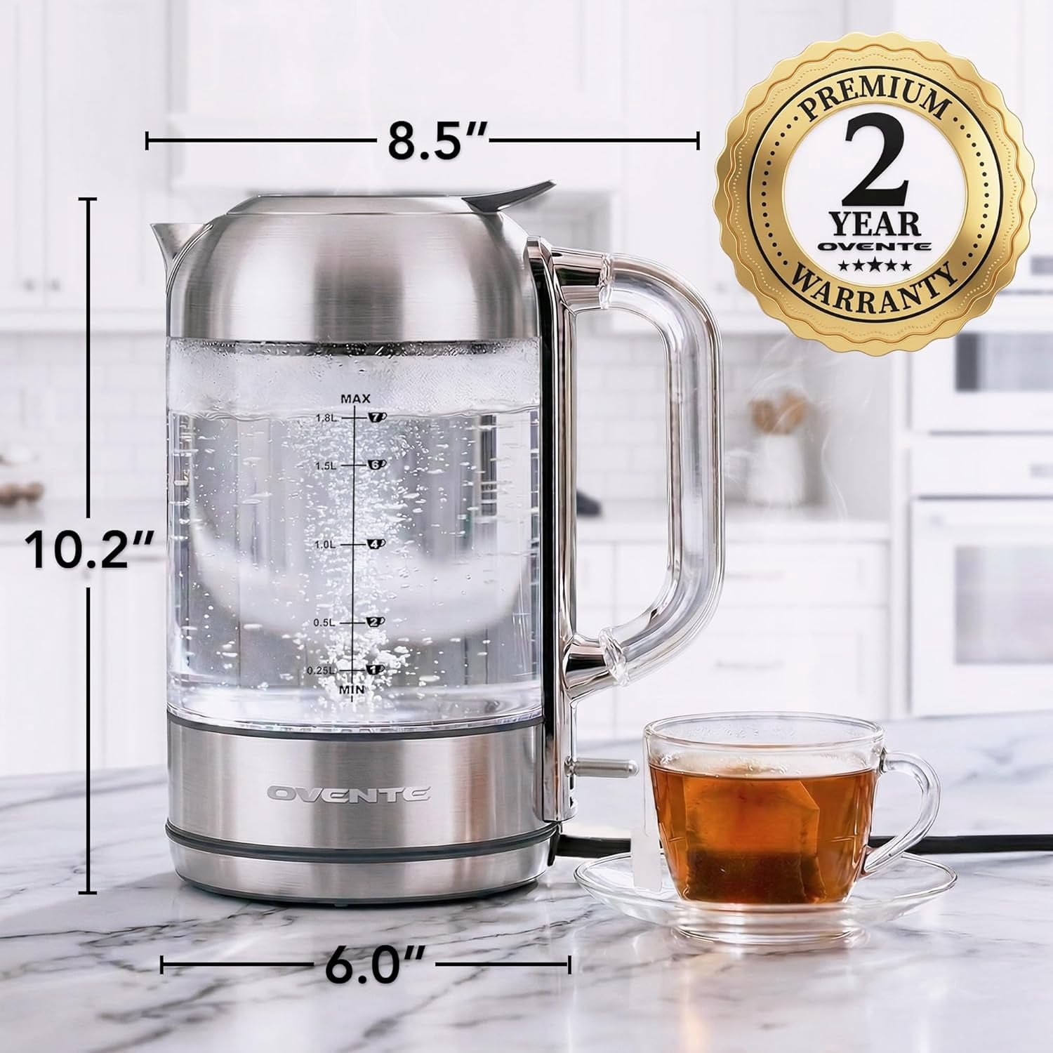 OVENTE Electric Kettle, 1.8L Glass Kettle Stainless Steel Base Water Boiler Electric with Acrylic Handle, 1500W Fast Boil Electric Kettle, Easy Fill Lid, Auto Shut-Off, Silver KG921S