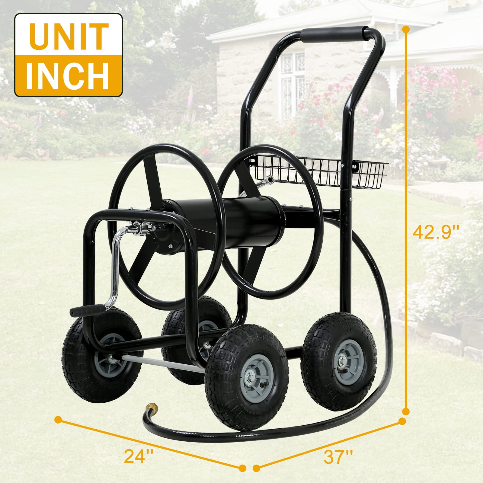 Garden Hose Reel Cart,  Hose Reel Cart with  4 Wheels, Heavy Duty Outdoor Water Planting Truck with Storage Basket (Black)