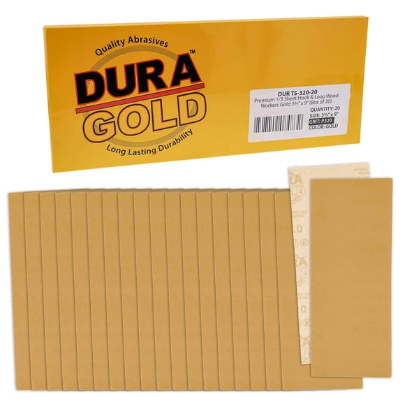 Dura-Gold Premium 1/3 Sheet Gold Sandpaper Sheets, 320 Grit (Box of 20) - 3-2/3" x 9" Size Hook & Loop Backing, Wood Furniture Woodworking, Auto Paint - Jitterbug Sanders, Clip-On, Hand Sanding Blocks