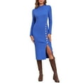 thumbnail image 3 of PrettyGuide Women's Mock Neck Sweater Dress Long Sleeve Fall Winter Ribbed Knit Bodycon Slit Midi Dress with Button, 3 of 8