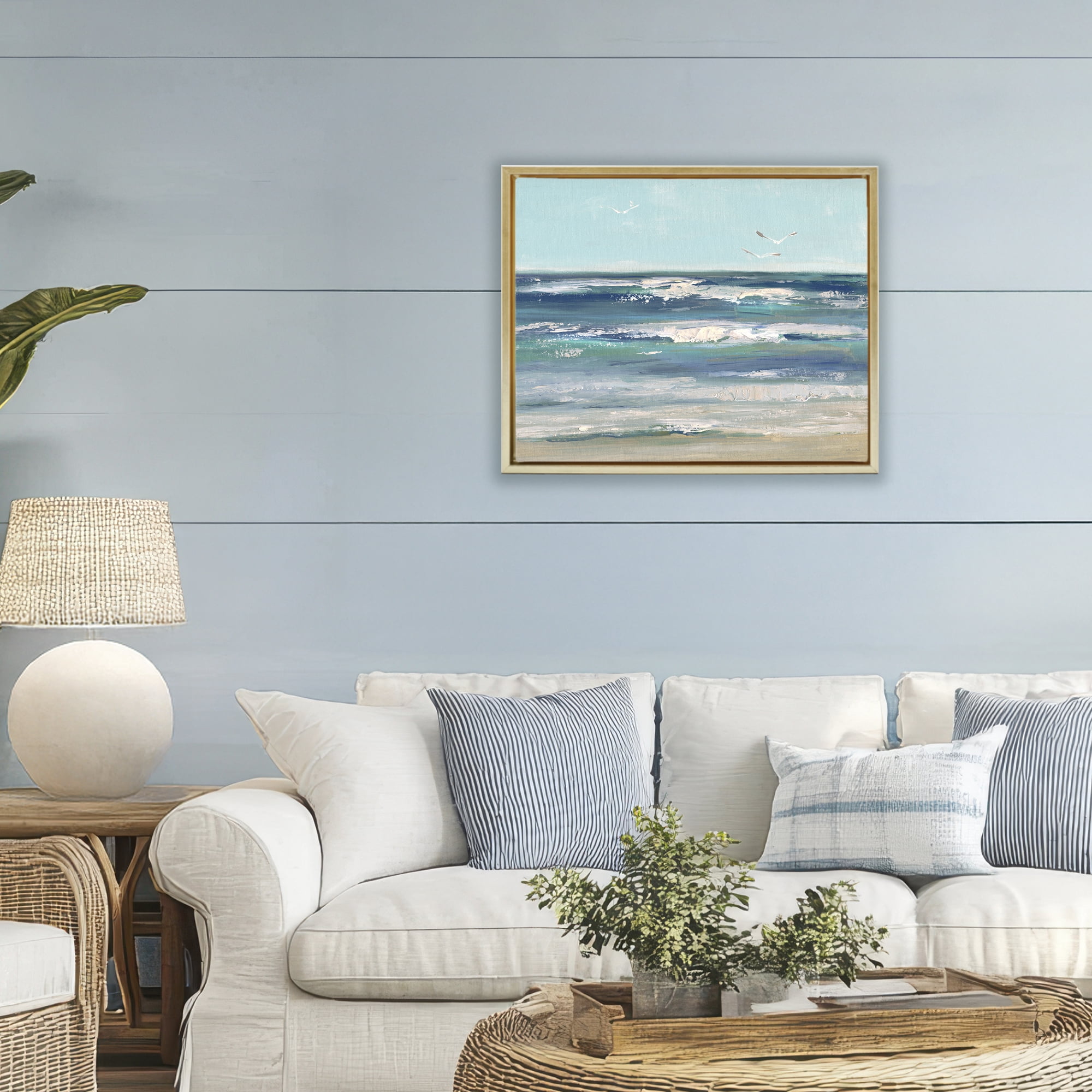 Stupell Industries Seagulls over Rolling Waves Gold Framed Floater Canvas Wall Art, design by Sally Swatland