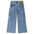 thumbnail image 2 of KIDSCOOL SPACE Little Girls' Cargo Jeans with Flap Pocket, Wide Leg and Split Hem Boyfriend Denim Pants,Light Blue,6-7 Years, 2 of 6