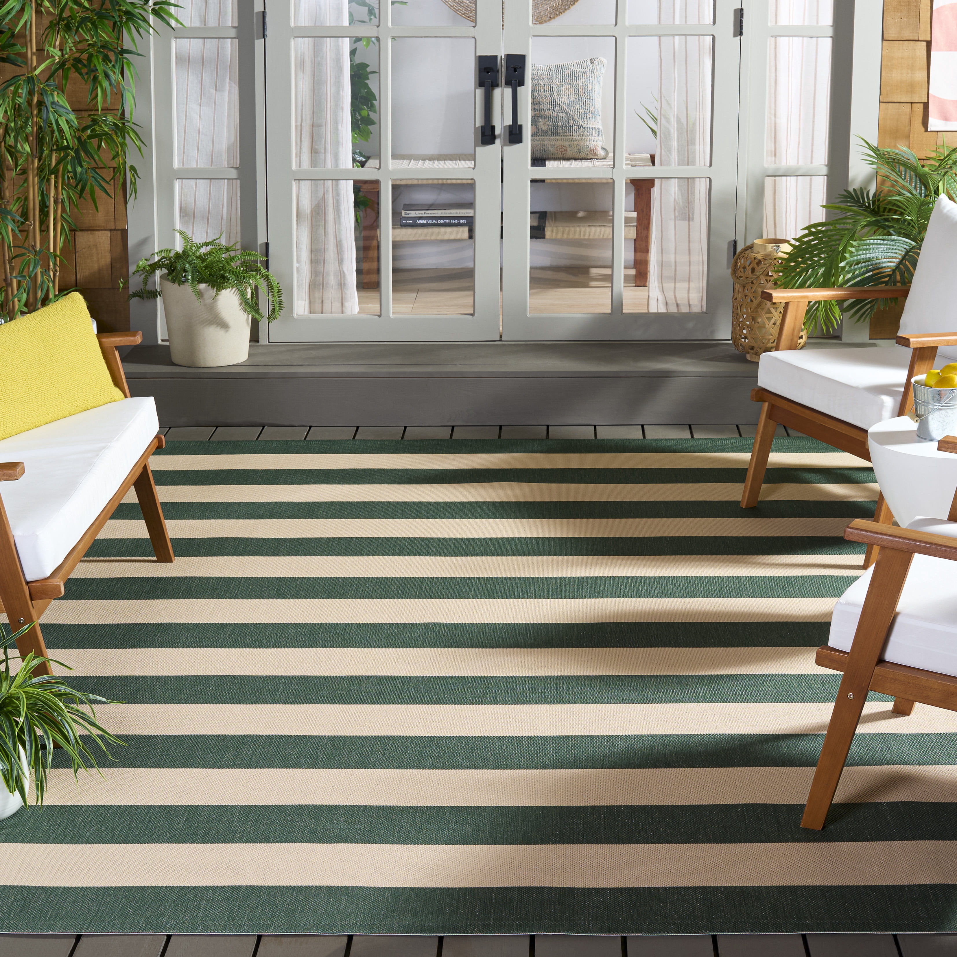 Safavieh Courtyard Ermintrude Striped Indoor/Outdoor Area Rug, Beige/Dark Green, 6'7" x 6'7" Square