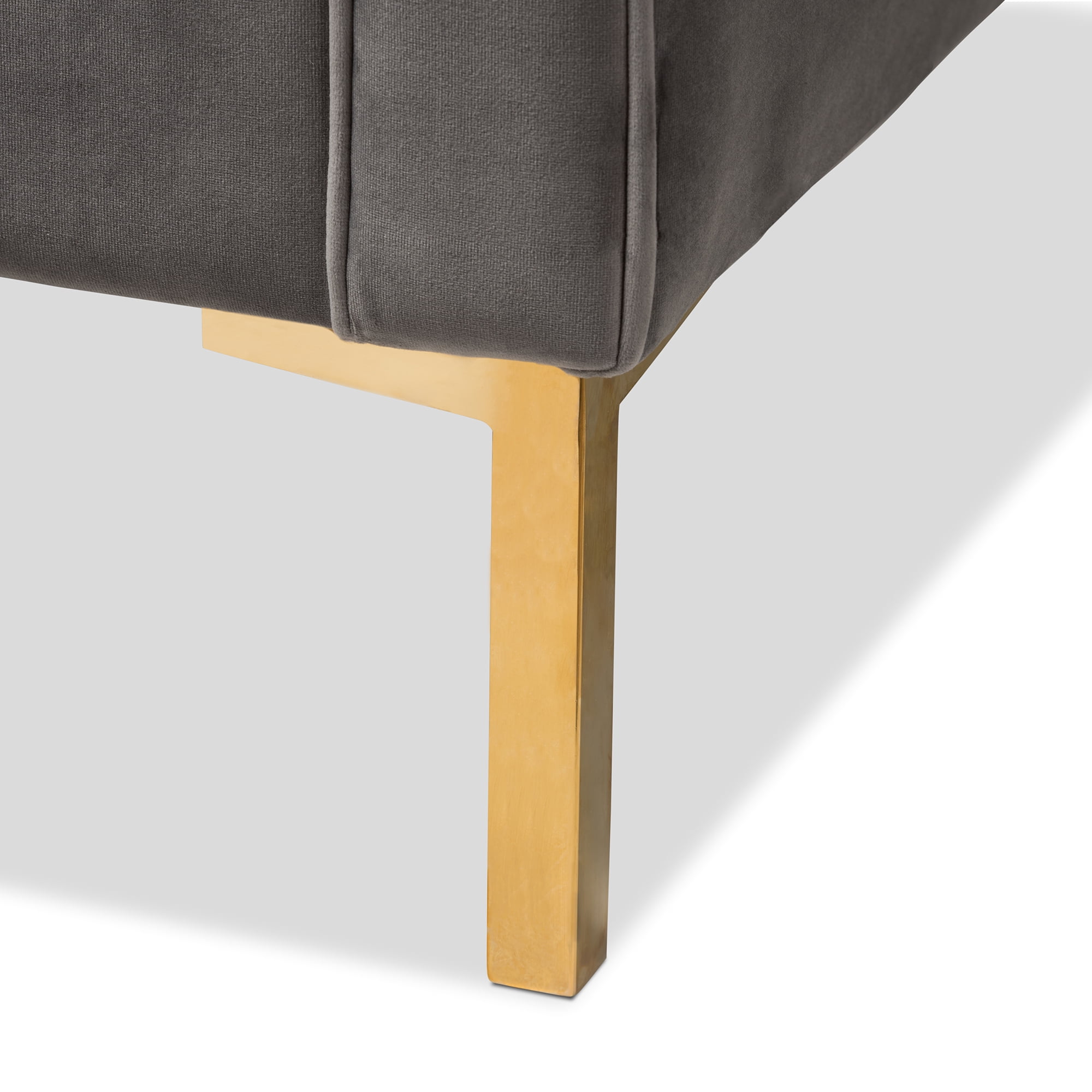 Zahir Luxe and Glamour Grey Velvet Upholstered Gold Finished Lounge Chair by Ember Interiors