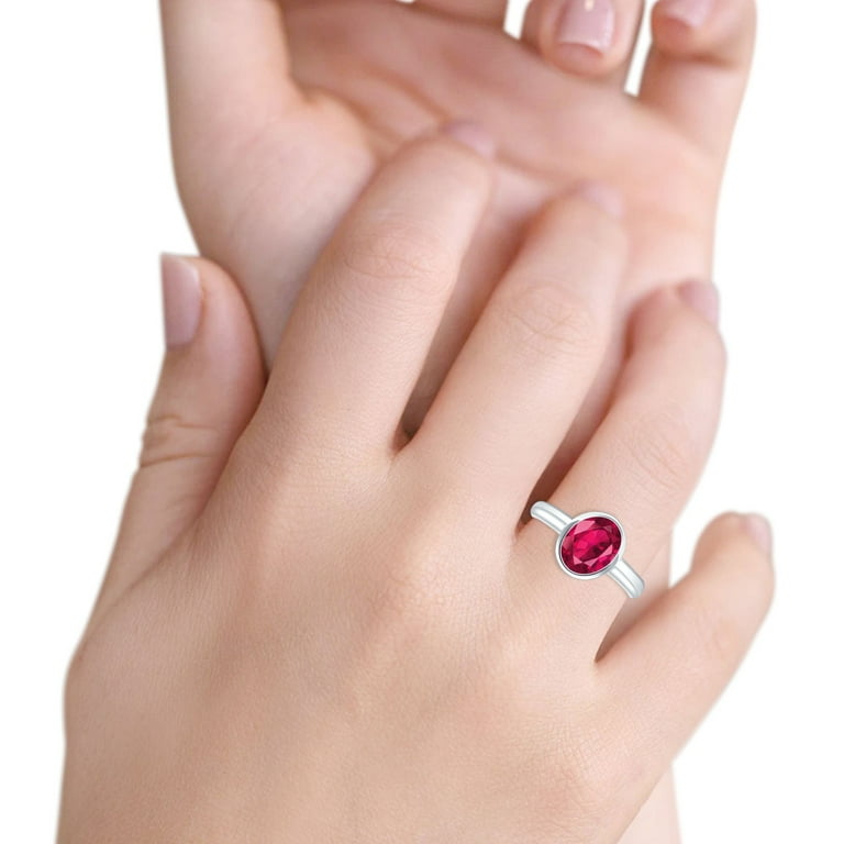 Bezel Set 10mmX8mm Oval Ring Simulated Ruby CZ 925 Sterling Silver